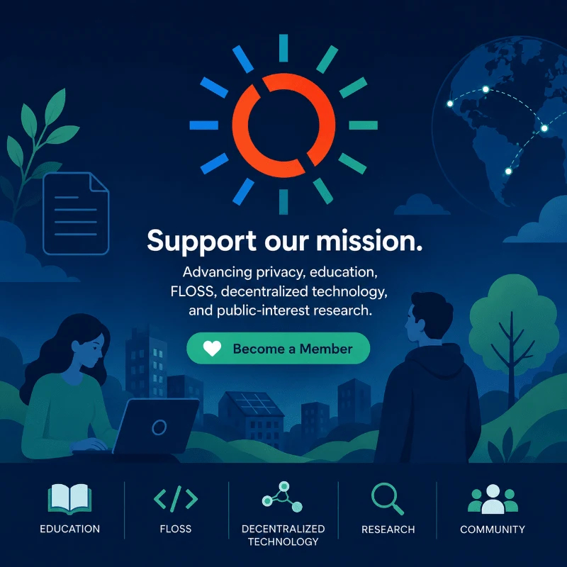 Illustration of the PrivacySafe sundial above the words Support our mission: advancing privacy, education, FLOSS, decentralized technology, and public-interest research, with two people working at night above a row of icons for education, FLOSS, decentralized technology, research, and community.