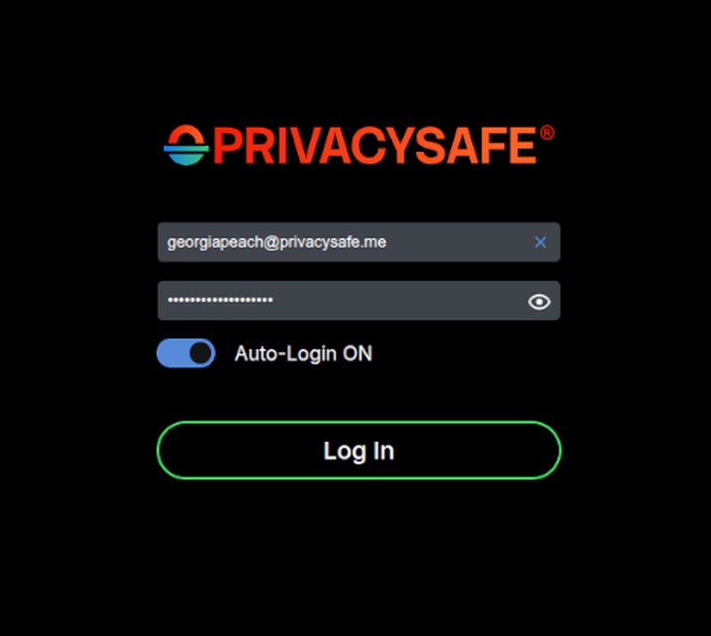 The PrivacySafe login screen: an identity of the form name@privacysafe.me, a masked password, an Auto-Login toggle, and a Log In button.