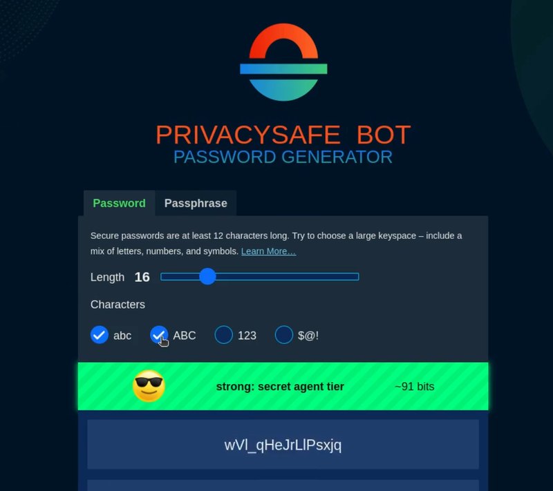 The PrivacySafe Bot password generator, showing a length slider, character-set checkboxes, a strength banner reading strong: secret agent tier at about 91 bits, and the generated password.