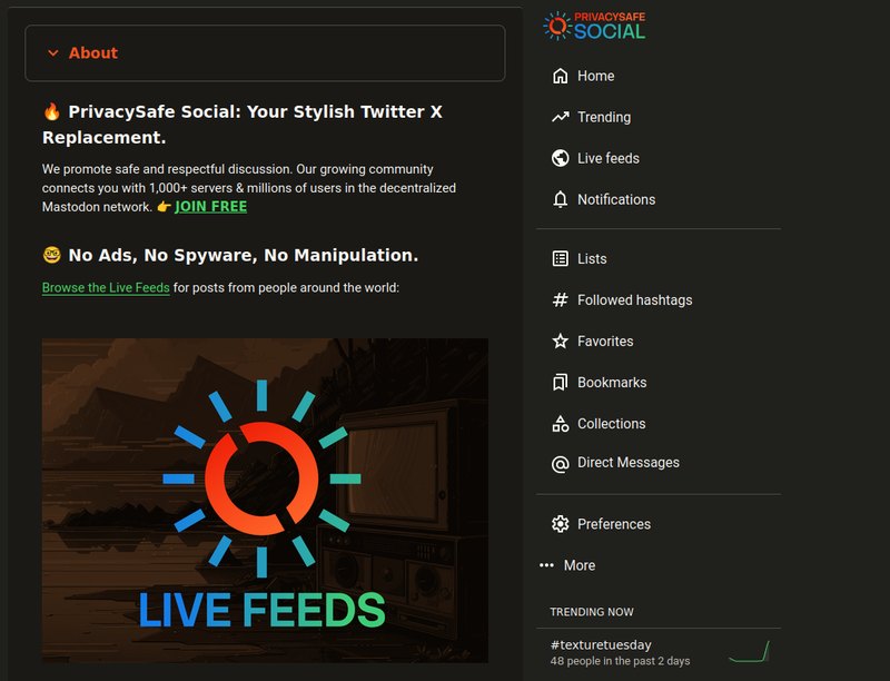The PrivacySafe Social sidebar and About panel, showing Home, Trending, Live feeds and Notifications beside a Live Feeds banner carrying the PrivacySafe sundial.